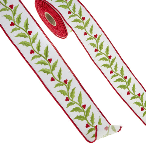 2.5x10 Embroidered Holly Ribbon